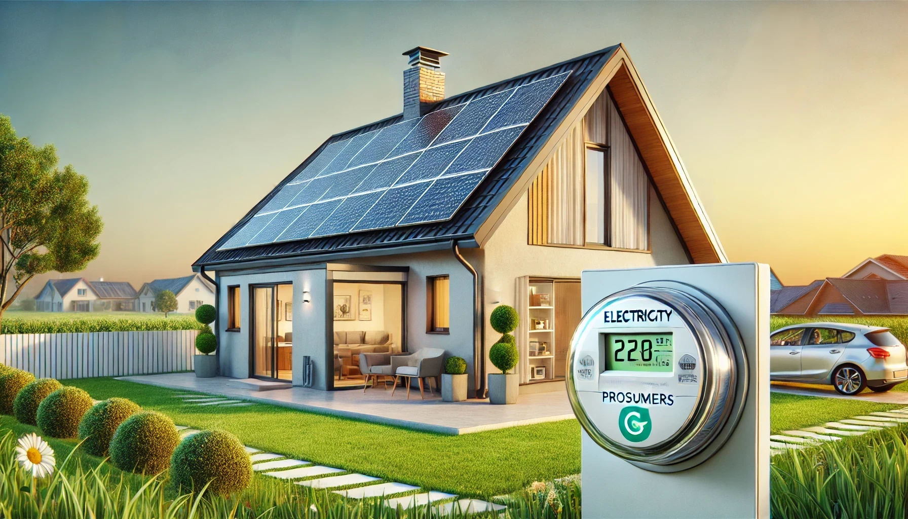A photorealistic image of a modern suburban home connected to the electricity grid, featuring a visible smart meter outside. The scene highlights the role of electricity prosumers in energy usage, with green grass and a clear blue sky emphasizing the eco-friendly, sustainable environment. No solar panels or wind turbines are present.