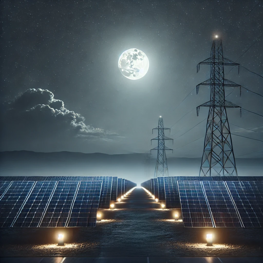 A nighttime walkway lit by moonlight, representing the inactivity of solar power systems and the lowered capacity factor due to lack of productivity during the night.