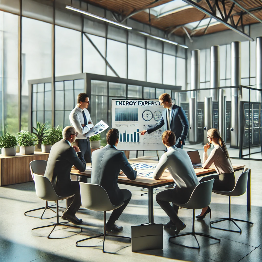 A group of energy experts in discussion, reviewing charts and data on a laptop in a bright office environment, highlighting the importance of expert consultation to assess capacity factors.