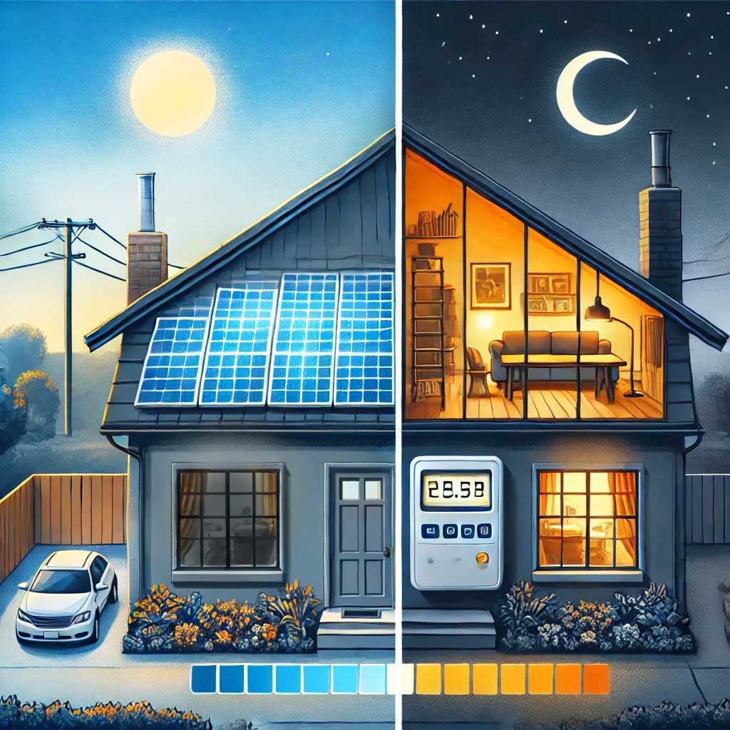 Illustration of a house with solar panels generating electricity during the day and drawing power from the grid at night, highlighting the mismatch between energy production and consumption for electricity prosumers.