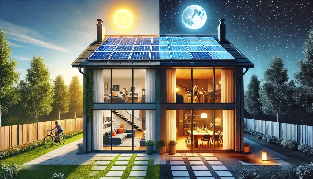 A modern family house with solar panels, illustrating the concept of electricity prosumers. The left side shows the house in daylight with solar panels capturing energy, while the right side displays the house at night, powered by stored solar energy, representing the dual role of electricity prosumers.