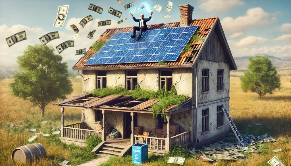 An image of an abandoned house with overgrown grass and signs of decay. In the background, the owner is seen happily counting stacks of dollars, symbolizing financial gain.