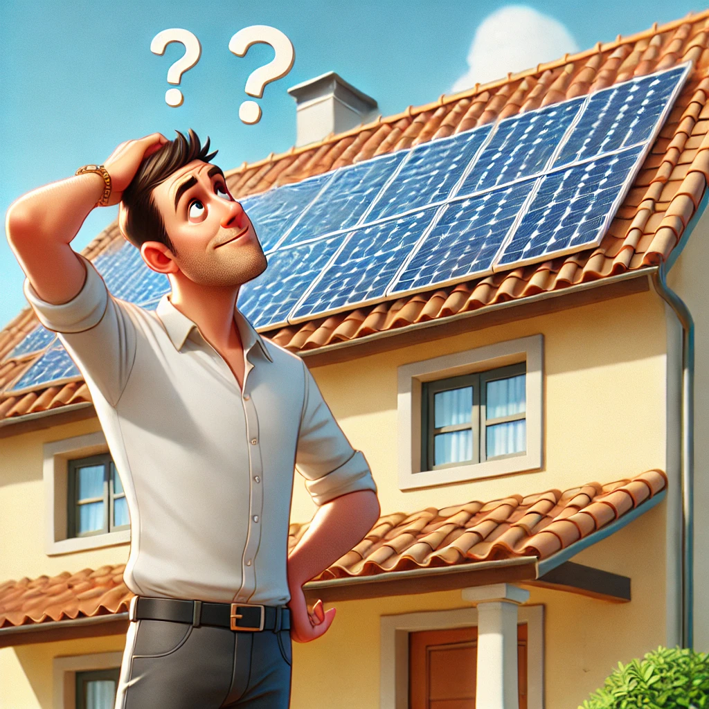 A man stands in front of his house, puzzled while looking at solar panels on the roof, symbolizing the role of electricity prosumers in generating their own energy.