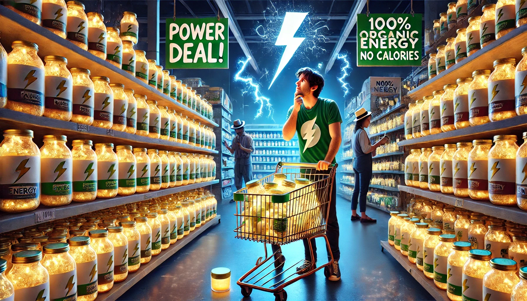 A young man in a surreal supermarket with shelves lined with glowing jars of electricity and sparks. He stands near his cart, which is half-filled with similar jars, while humorous signs like 'Power Deal!' and 'Green Energy - No Calories!' are visible. A clerk in a lightning bolt-shaped hat is sorting the glowing jars in the background.