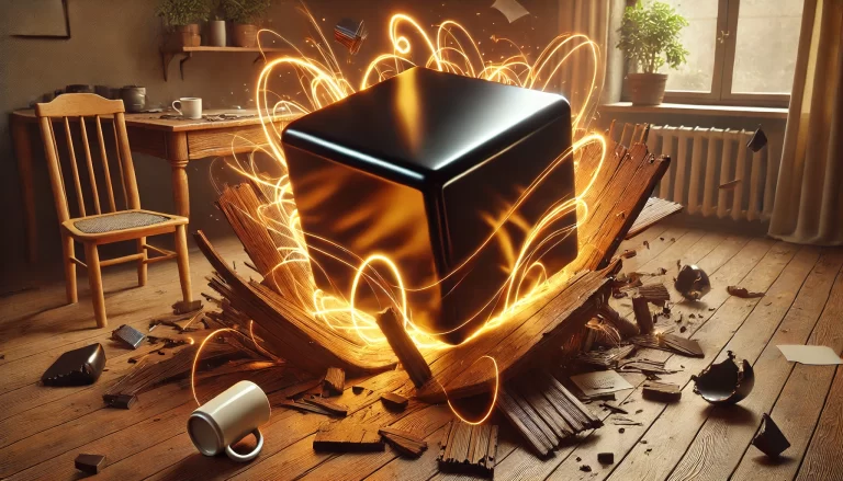 Solid black cube radiating glowing energy, sitting on a broken wooden table with shattered legs, surrounded by a spilled coffee mug, tipped plant pot, and scattered papers in a cozy room.