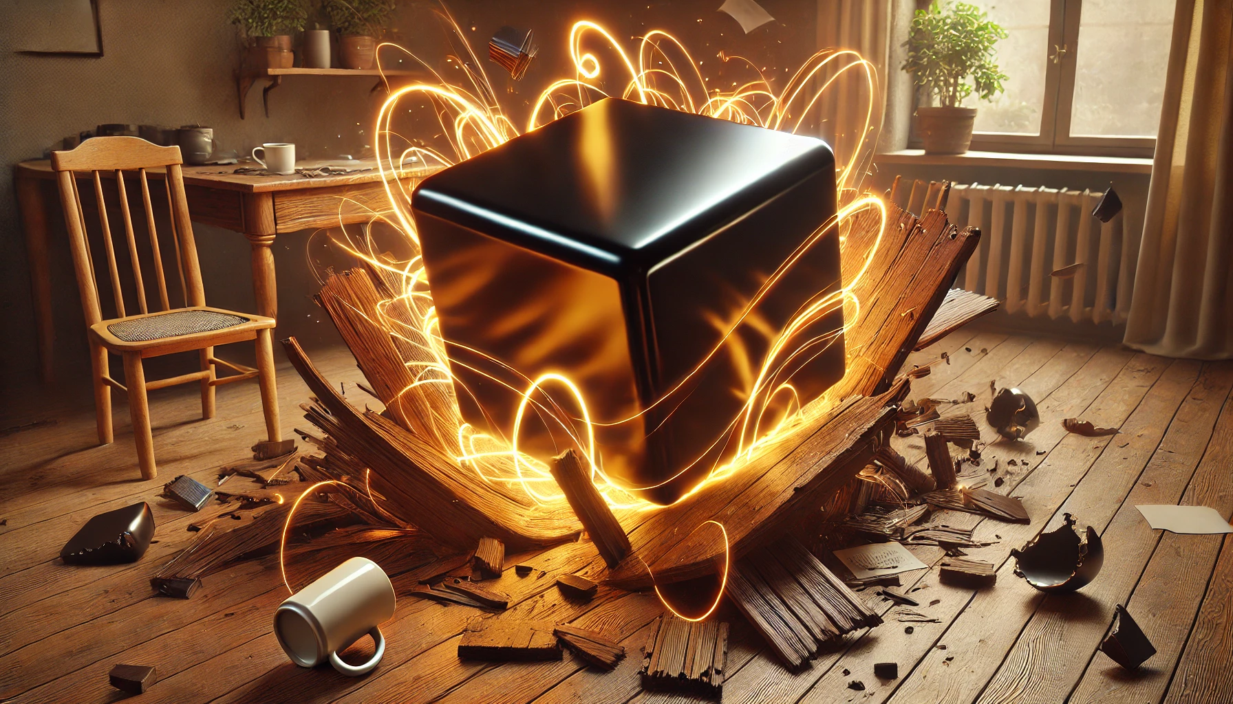 Solid black cube radiating glowing energy, sitting on a broken wooden table with shattered legs, surrounded by a spilled coffee mug, tipped plant pot, and scattered papers in a cozy room.