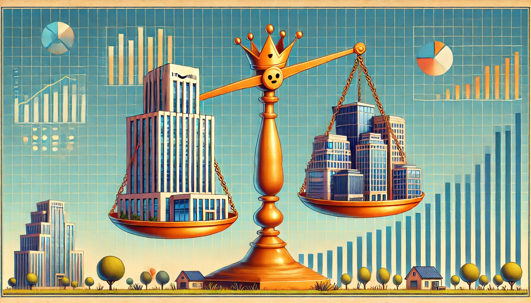 Illustration of a scale with a large corporate building on one side representing monopoly, and smaller office buildings on the other side symbolizing market competition, against a background with subtle data visualizations