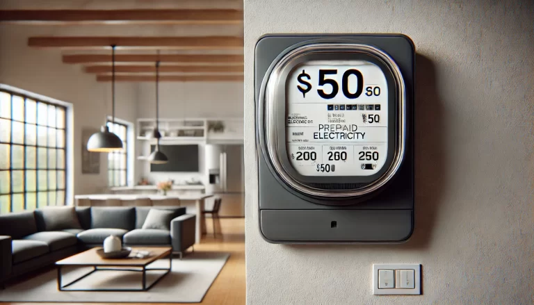 A digital electricity meter displaying a $50 balance, mounted on a wall in a modern living room with household appliances in the background, symbolizing prepaid electricity usage.