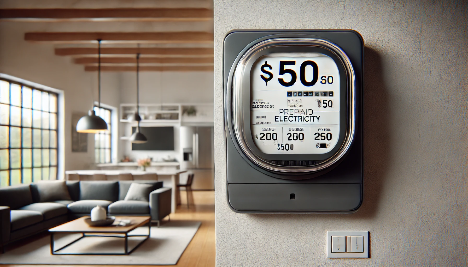 A digital electricity meter displaying a $50 balance, mounted on a wall in a modern living room with household appliances in the background, symbolizing prepaid electricity usage.