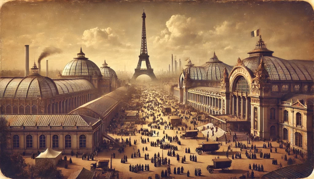 Vintage-style photo of the 1900 Paris Exposition with the Eiffel Tower, grand pavilions, and people in early 20th-century fashion, some likely discussing whether their hats or the tower is taller.