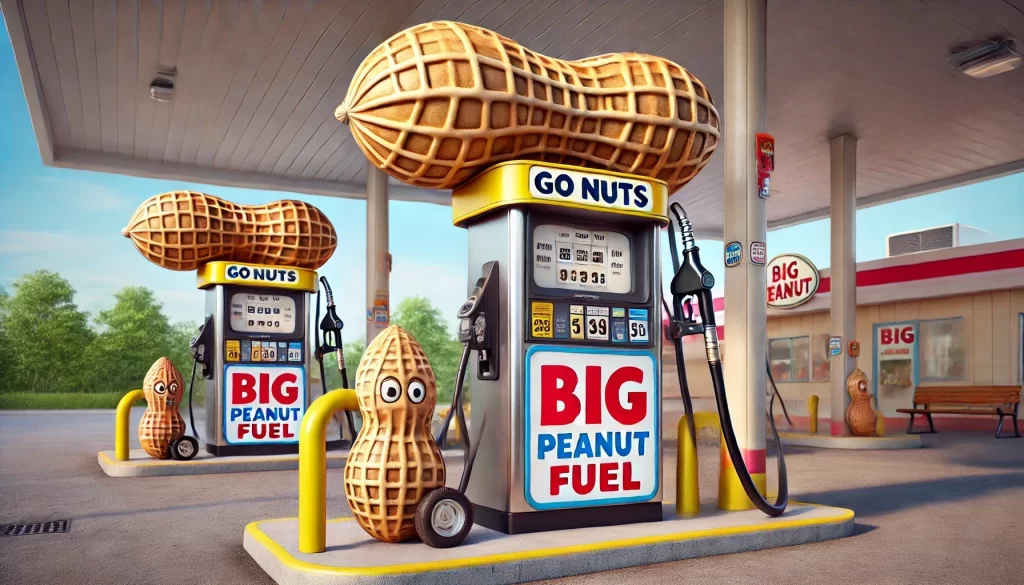 A photorealistic image of a gasoline pump at a station branded 'Big Peanut,' featuring a peanut-shaped nozzle and a playful giant peanut logo.
