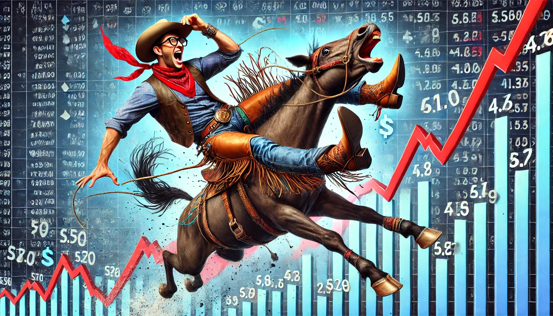 A cowboy in full western gear is humorously riding a fluctuating financial price chart as if it were a bucking bronco. His hat flies off as he struggles to hold on, symbolizing the volatility of electricity prices. The scene illustrates how Contract for Difference (CFD) agreements help stabilize energy prices, preventing extreme swings.