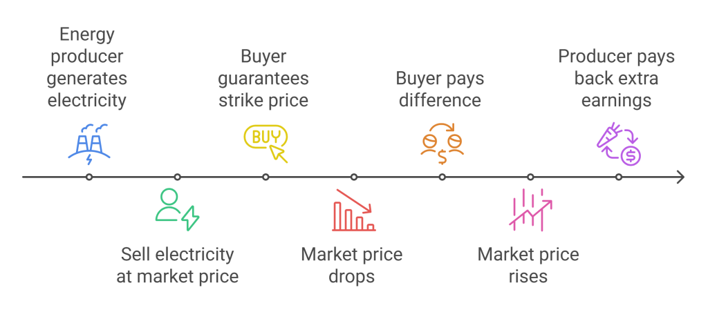 A visual representation of the Contract for Difference (CFD) process in electricity markets. The timeline starts with an energy producer generating electricity and selling it at the market price. A buyer guarantees a strike price. If the market price drops, the buyer pays the difference. If the market price rises, the producer pays back the extra earnings. The diagram includes icons representing power plants, financial transactions, and market trends, with a clean, modern design.