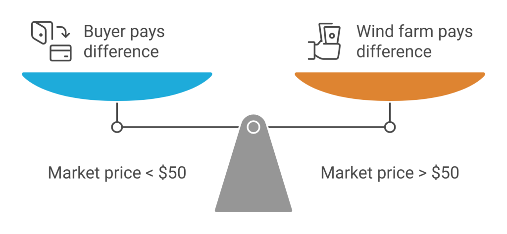 A balanced scale illustrating the Contract for Difference (CFD) mechanism. On the left, a blue side represents the buyer paying the difference when the market price is below $50. On the right, an orange side shows the wind farm paying back when the market price exceeds $50. The image symbolizes price stability in energy markets.