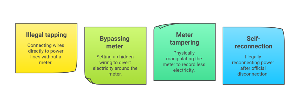 Infographic showing four methods of electricity theft: illegal tapping (connecting wires directly to power lines), bypassing the meter (diverting electricity around the meter), meter tampering (manipulating the meter to record less), and self-reconnection (illegally restoring power after disconnection).