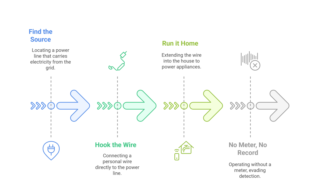 Infographic showing the four steps of illegal tapping as a form of electricity theft: finding a power source, hooking a personal wire to the power line, running the wire into the house to power appliances, and avoiding detection by not using a meter.
