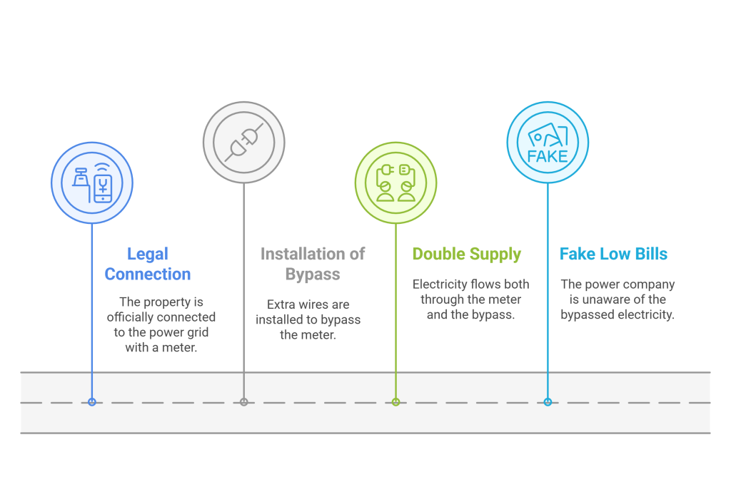 Infographic explaining the process of bypassing the meter as a form of electricity theft. It shows four stages: legal connection, installation of bypass wires, double supply of electricity through both the meter and bypass, and fake low bills due to unrecorded energy usage.