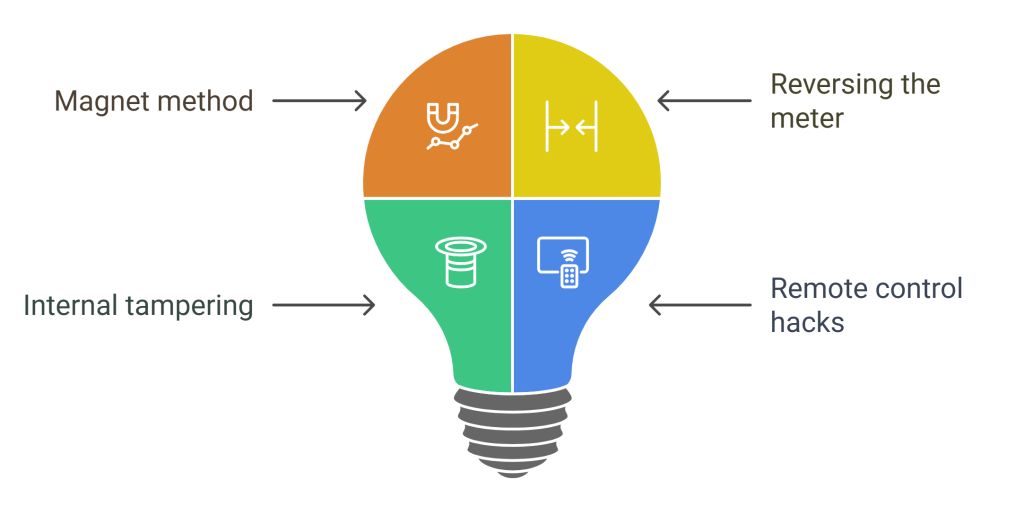Infographic showing four methods of meter tampering in electricity theft: magnet method to slow down the meter, reversing the meter to reduce recorded usage, internal tampering with the meter's components, and remote control hacks to alter readings remotely.