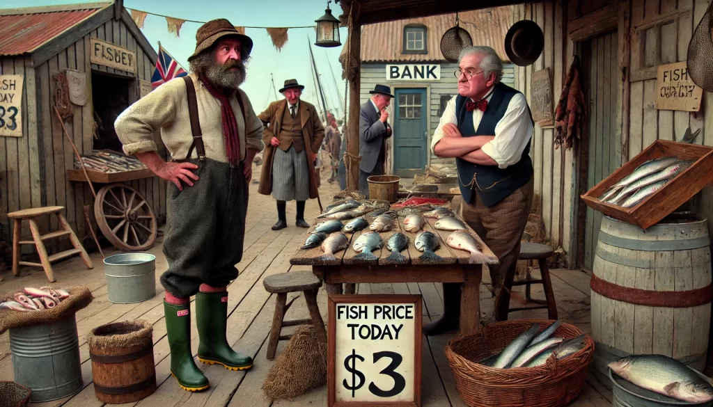 A fisherman in a small village market stands in front of his stall, looking disappointed at a sign that reads 'Fish price today: $3.' He expected a higher price for his catch. In the background, a small bank with a well-dressed owner smoking a pipe is visible, watching the fisherman with interest. The setting includes rustic wooden stalls, fishing nets, and baskets, with a coastal village atmosphere.