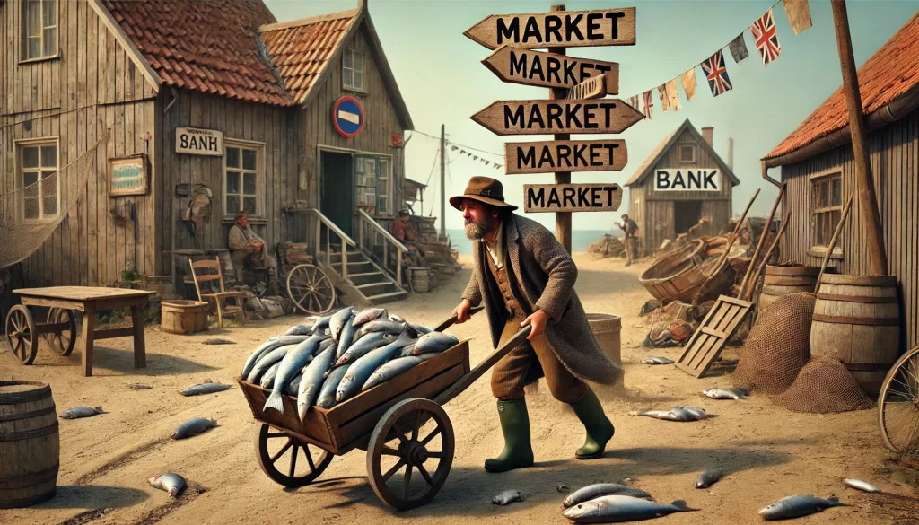 A frustrated fisherman in a small coastal village pushes a cart full of fish down a dusty road. He stops in front of a signpost with multiple arrows, all pointing to different 'Market' locations. In the background, a small bank owner watches him while smoking a pipe. The scene humorously illustrates the challenge of choosing a reference market in a Contract for Difference (CFD).