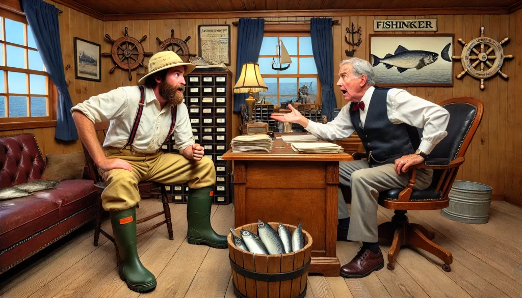 A humorous negotiation scene in a small fishing village bank. A fisherman in a worn-out hat and rubber boots sits confidently across from a banker in a vest and bow tie, who is spitting out his coffee in shock. The fisherman demands a high price for his fish, while the banker looks bewildered. The rustic office has wooden furniture, maritime decorations, and an open ledger on the desk, emphasizing the tension and humor of the negotiation.