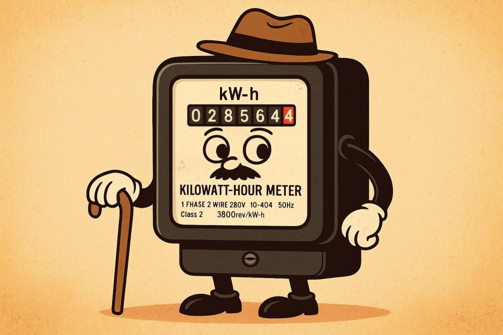 Funny cartoon illustration of a vintage mechanical electricity meter with a face, mustache, cane, and hat, depicted as an old man.