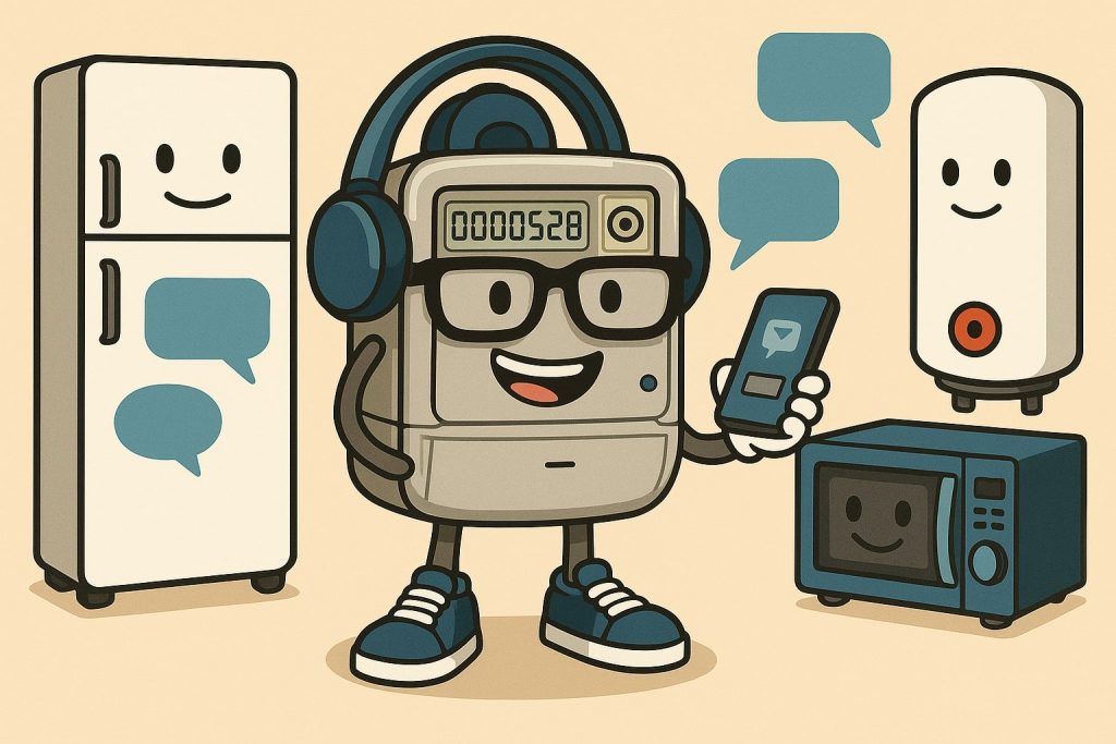 Cartoon-style illustration of a smart electricity meter with glasses and headphones, using a smartphone while communicating via speech bubbles with animated appliances like a fridge, boiler, and microwave.