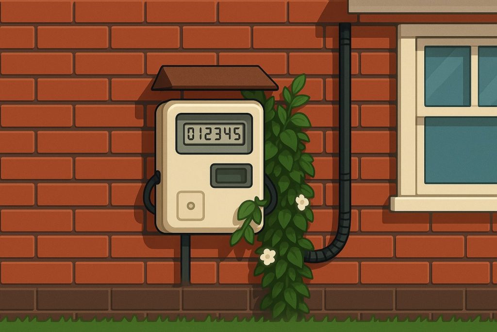 Illustration of an electricity meter mounted on a brick wall partially covered by ivy, highlighting the importance of keeping electricity meters accessible for meter reading, maintenance, and safety.