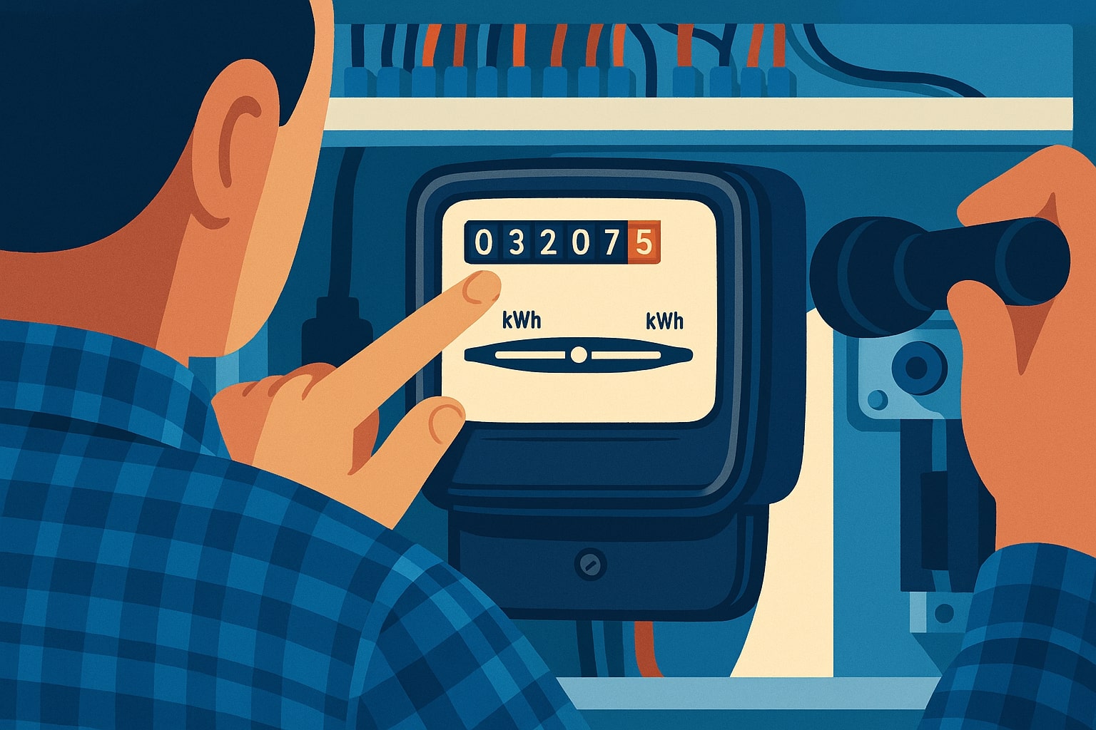 Illustration of a person reading an electricity meter using a flashlight inside an electrical panel.