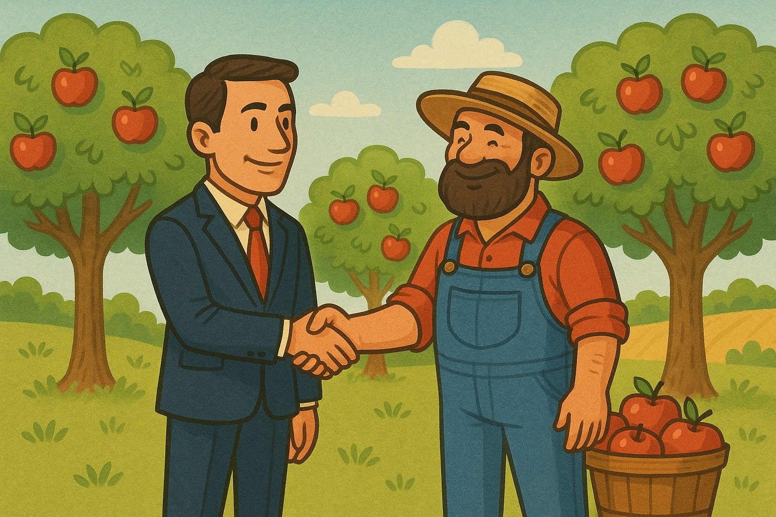 Cartoon illustration of an apple farmer and a suited businessperson shaking hands in an apple orchard, representing an offtake agreement.