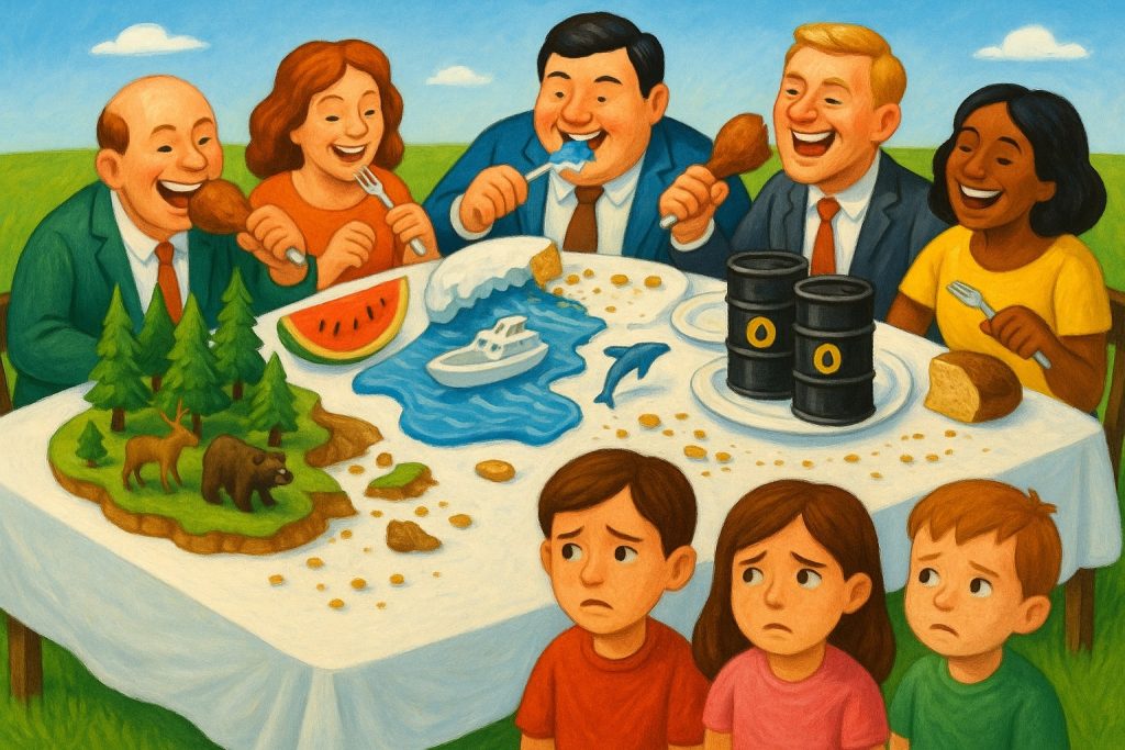 Exaggerated outdoor buffet symbolizing sustainability, with adults devouring natural resources while children watch the empty side of the table.
