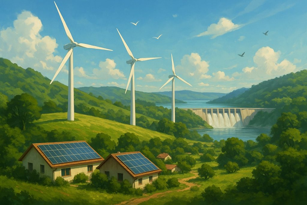 Sustainability landscape with wind turbines, solar rooftops, and a hydroelectric dam in a lush green valley.
