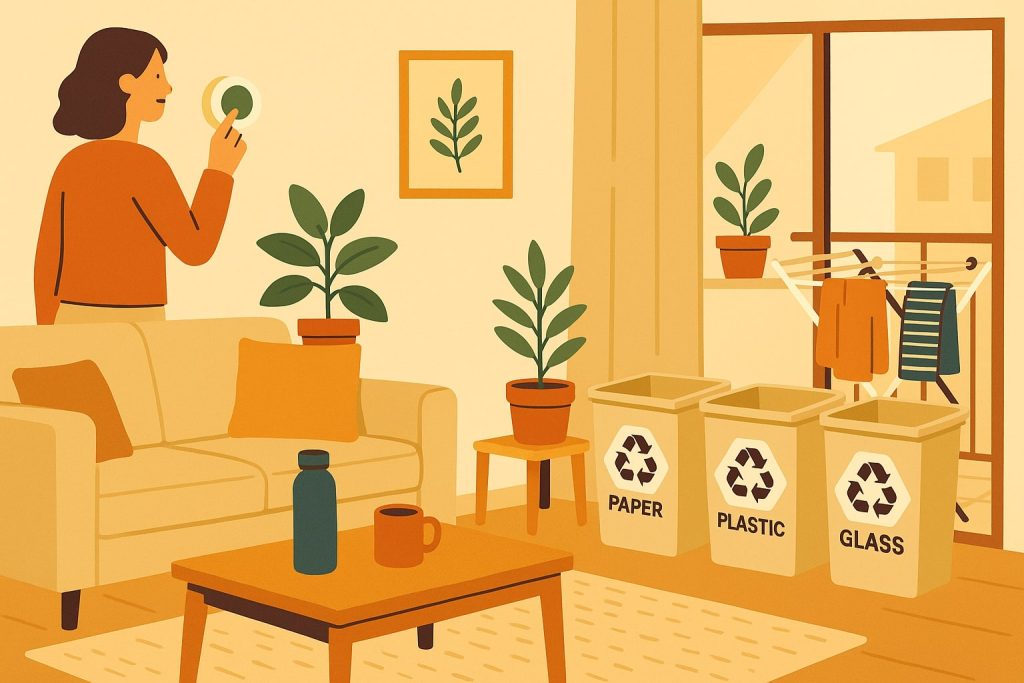 Infographic of a sunlit living room showing sustainable practices, including recycling bins, potted plants, a reusable water bottle, air-drying laundry, and a person adjusting a smart thermostat.