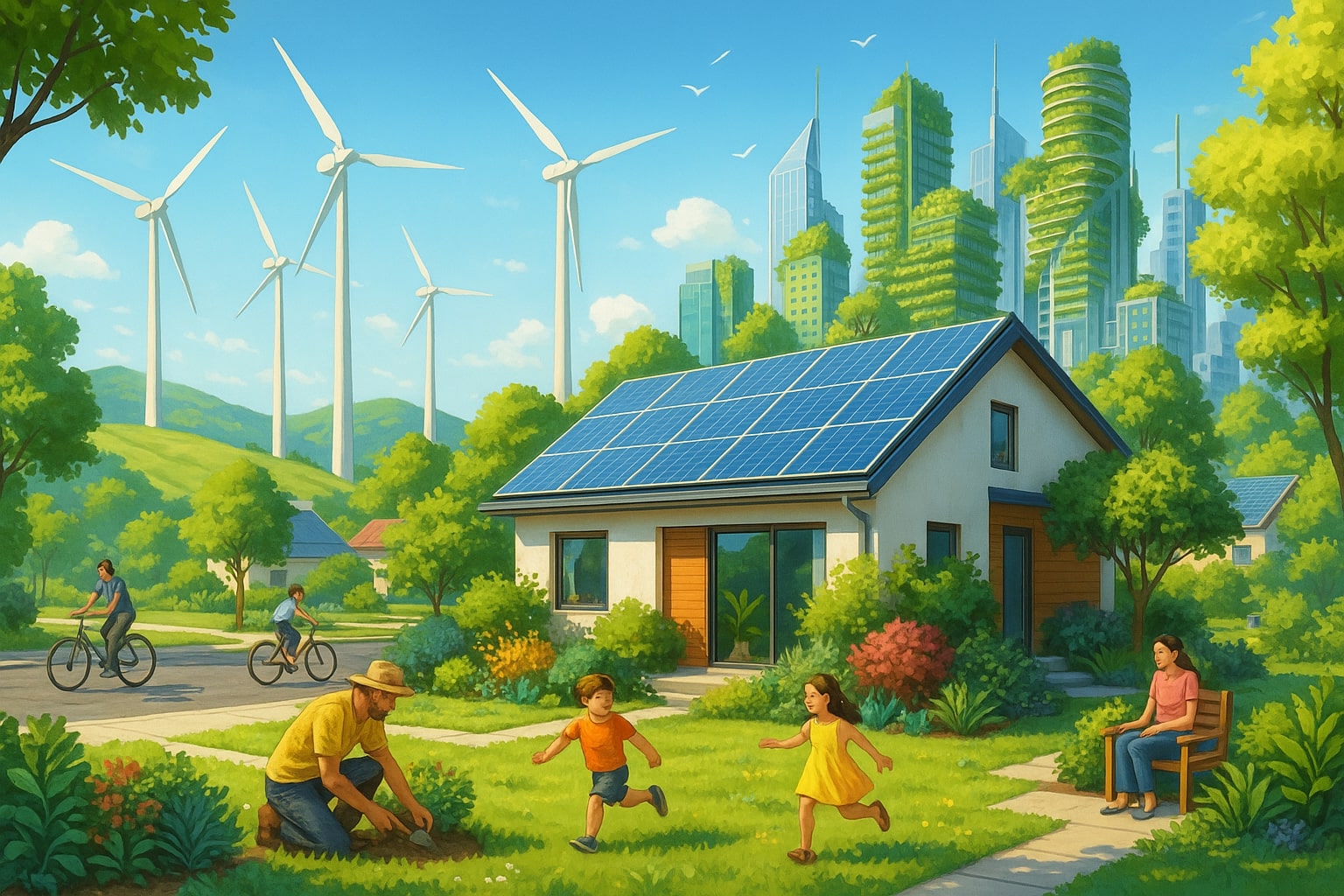 A vibrant semi-realistic digital illustration showing a sustainable future neighborhood with a solar-powered house, a happy family outdoors, people riding bicycles, wind turbines on green hills, and a futuristic city skyline with vertical gardens—representing sustainability in everyday life.