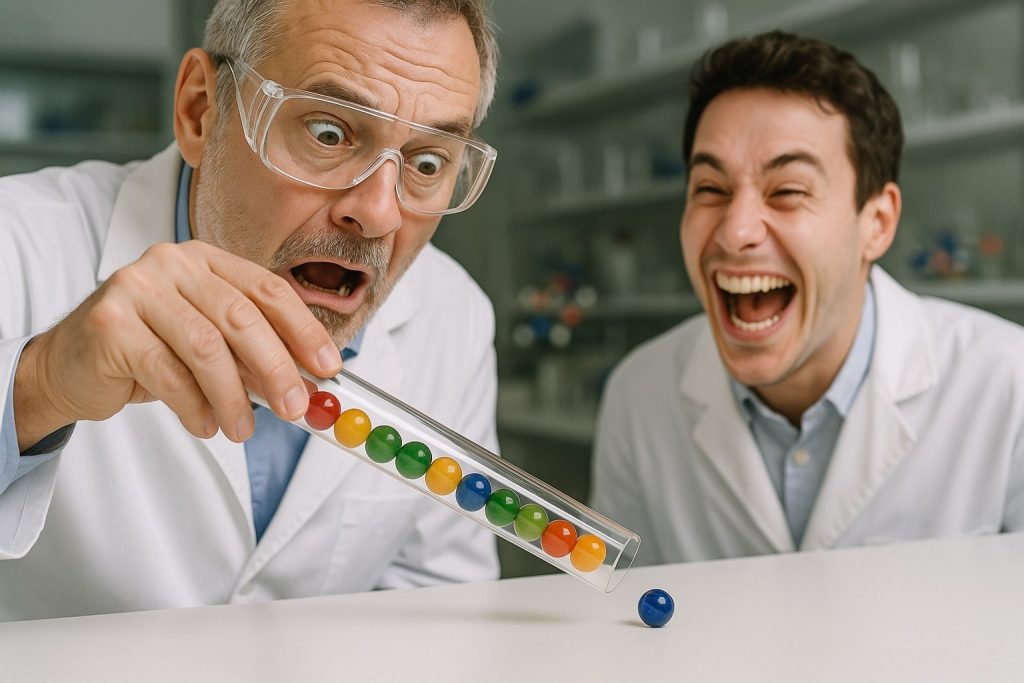 Funny laboratory scene showing a shocked scientist dropping a marble from a tube while his assistant laughs, illustrating the electric current marble analogy.
