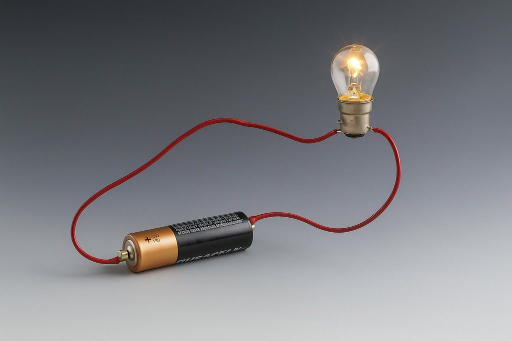 Simple electric circuit with a glowing lightbulb powered by a battery to demonstrate electric current.
