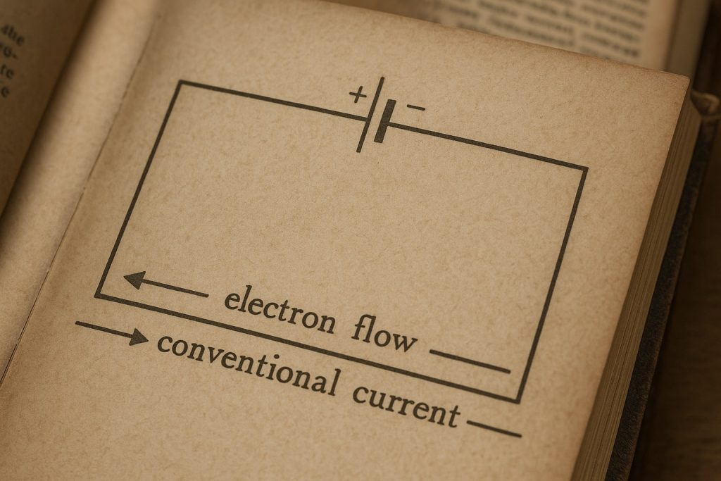 Vintage-style diagram of an electric circuit showing battery, electron flow to the left, and conventional electric current to the right.
