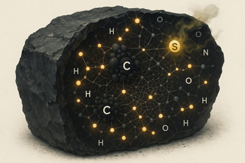 Cross-section illustration of coal showing atomic structure with labeled elements: carbon clusters, glowing hydrogen, sulfur with toxic wisps, and scattered oxygen and nitrogen atoms.