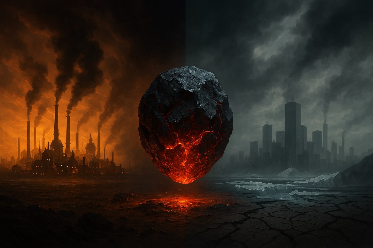 Split-scene digital painting showing coal’s impact—left side with industrial-era smokestacks, right side with a modern polluted city and melting glaciers, and a glowing coal lump at the center.