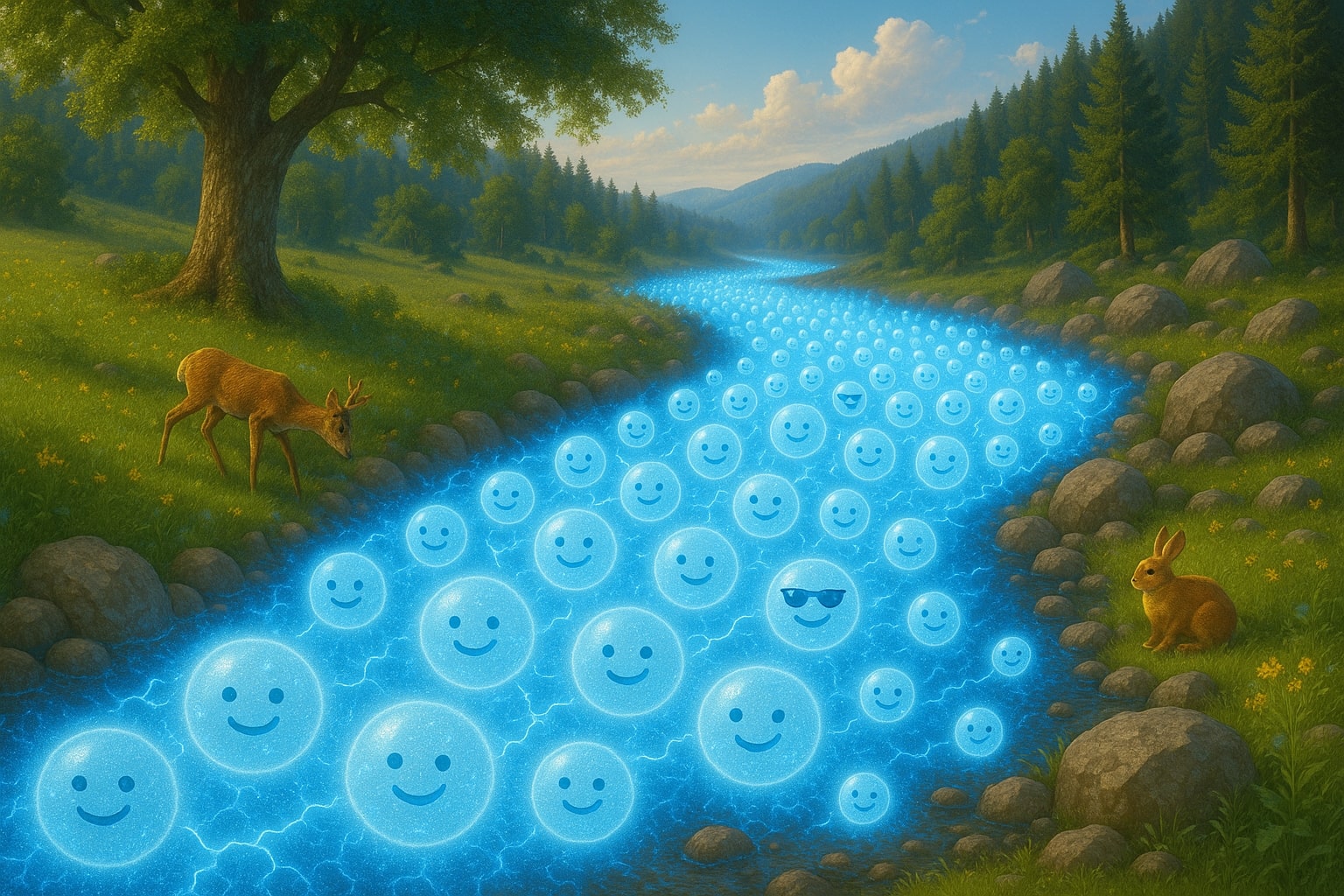 A vivid photorealistic landscape with a river made entirely of glowing, smiling electrons flowing through a valley, humorously symbolizing electric current.