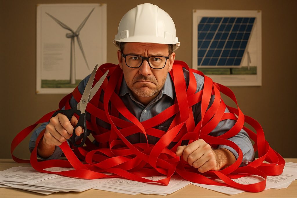 Frustrated project manager tangled in red tape at a desk, wearing a hard hat and holding scissors, with solar and wind diagrams in the background.