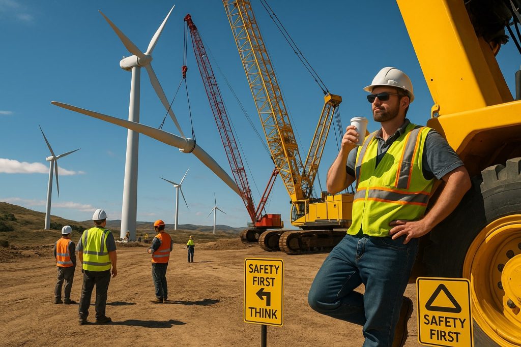 Wind turbine blade being lifted by crane at wind farm construction site; workers in high-vis vests, one casually drinking coffee, with humorous safety signs and scenic hills in the background.