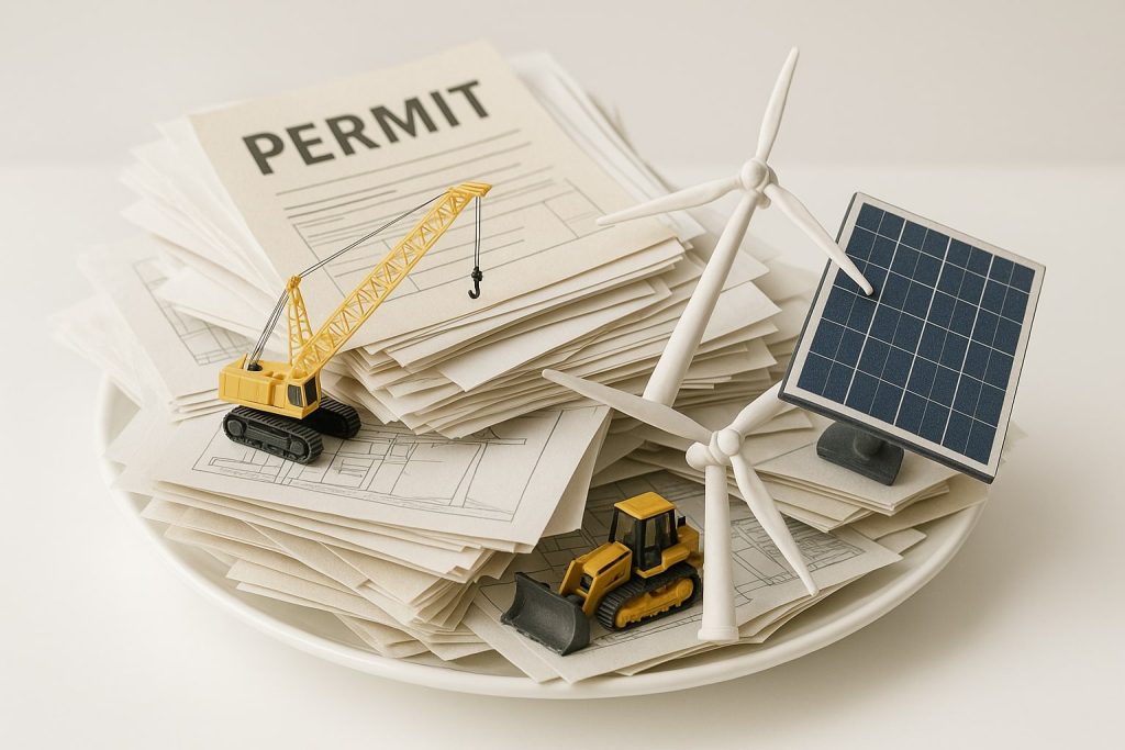 Plate overloaded with documents, permits, wind turbines, a crane, bulldozer, and a solar panel—symbolizing the heavy workload in renewable energy project stages.