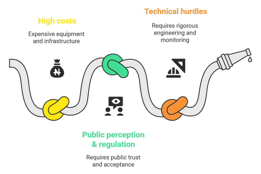 A winding pipeline with three knots representing carbon capture challenges. First knot: “High costs” with a money bag icon, noting expensive equipment and infrastructure. Second knot: “Public perception & regulation” with an eye and people icon, noting the need for public trust and acceptance. Third knot: “Technical hurdles” with an engineering icon, noting the need for rigorous engineering and monitoring. A nozzle at the end drips liquid.
