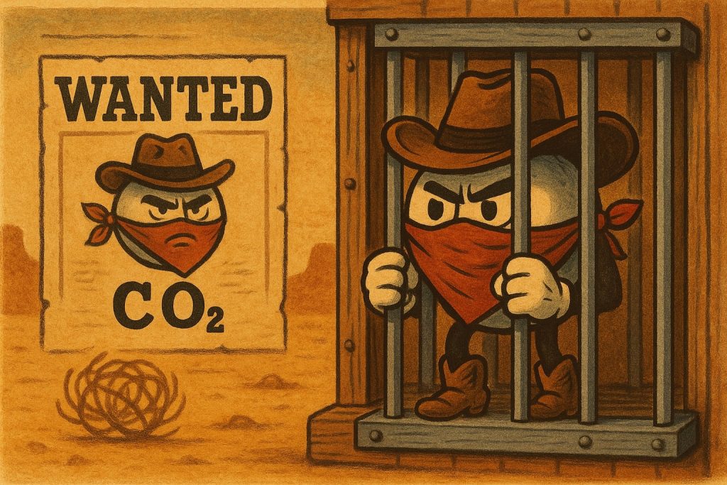 Cartoon CO₂ molecule outlaw in cowboy hat and red bandana locked in a wooden jail cell, with a wanted poster and tumbleweed in a warm Wild West scene.