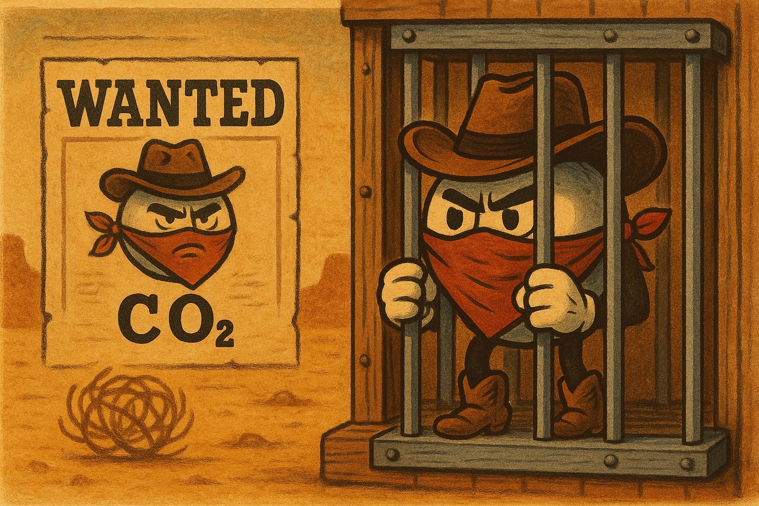Cartoon CO₂ molecule outlaw in cowboy hat and red bandana locked in a wooden jail cell, with a wanted poster and tumbleweed in a warm Wild West scene.