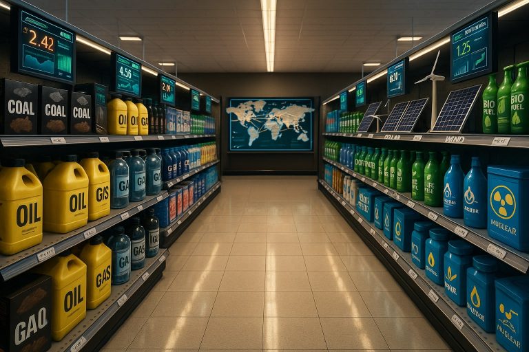 Supermarket shelves filled with energy products such as coal, oil, gas, solar panels, wind turbines, biofuels, and nuclear rods, with digital displays showing prices and environmental data.