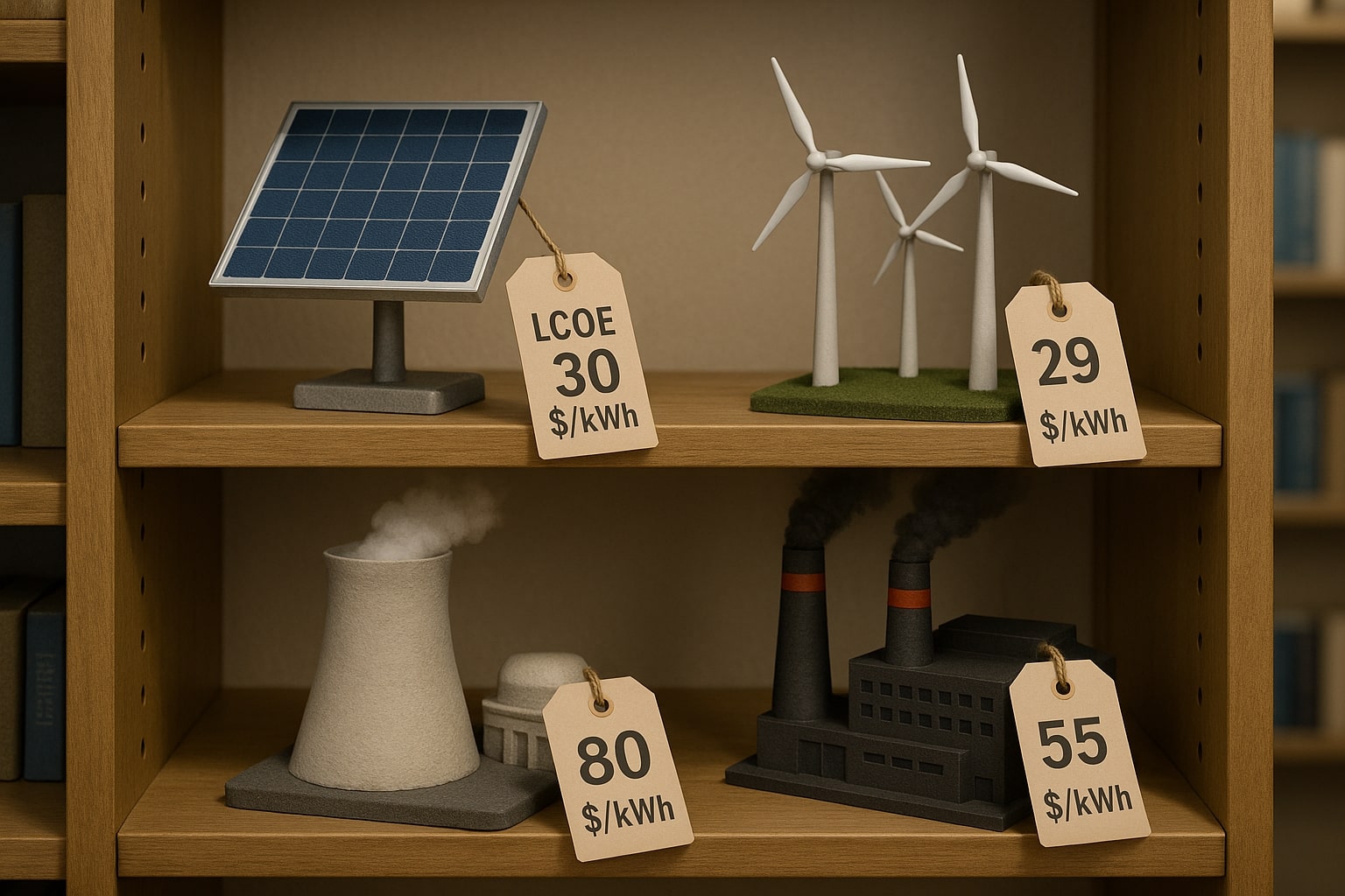 Realistic image of solar, wind, nuclear, and coal power models on shelves with LCOE price tags in dollars per kilowatt-hour.