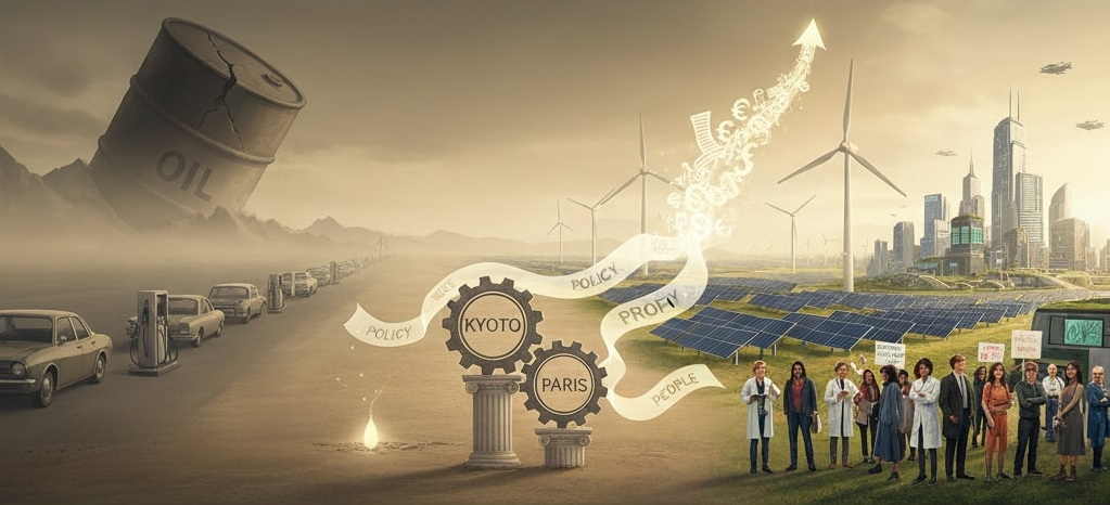 Climate tech illustration showing the transition from oil dependence and crisis to renewable energy with solar panels, wind turbines, scientists, and activists symbolizing policy, profit, and people.