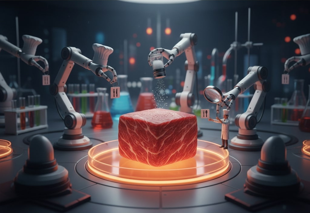 Climate tech concept image showing robotic arms and chefs preparing lab-grown meat in a futuristic lab, symbolizing sustainable food innovation.